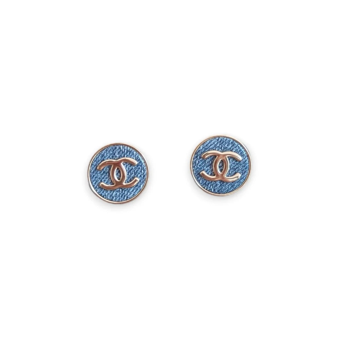 Chanel CC Button Earrings Denim