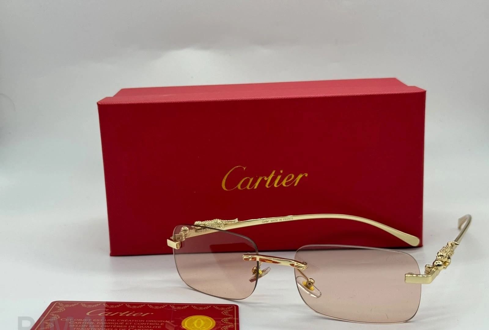 كارتييه | نظارة شمسية Panthère de Cartier مستطيلة بدون إطار – ذهبي / أزرق فاتح